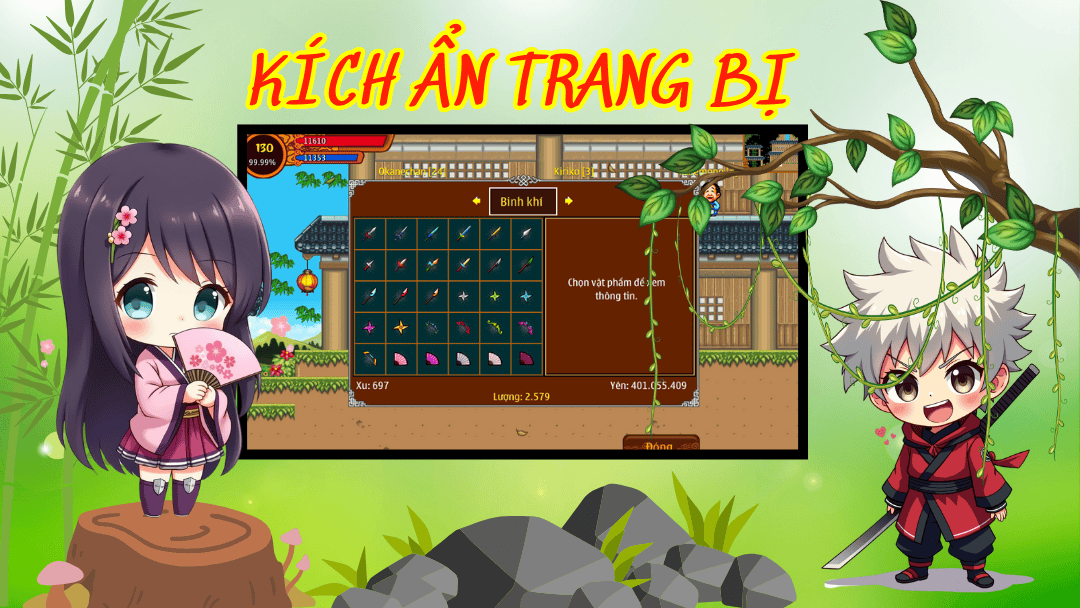 Các Bộ Trang Bị Kích Ẩn Hỗ Trợ Lẫn Nhau Trong game Ninja School Online, tính năng kích ẩn trang bị dựa trên 3 thuộc tính chính: Thủy, Hỏa và Phong. Để kích ẩn trang bị hiệu quả, bạn cần sưu