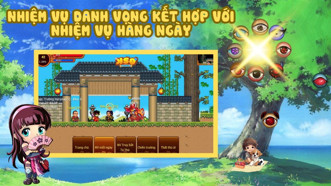 TÍNH NĂNG MỚI**: Đầu tiên anh em đến trường học, tìm **NPC Rikudo** nhận và làm nhiệm vụ hàng ngày. 🎁 Thông qua nhiệm vụ hàng ngày sẽ được 1 điểm danh vọng